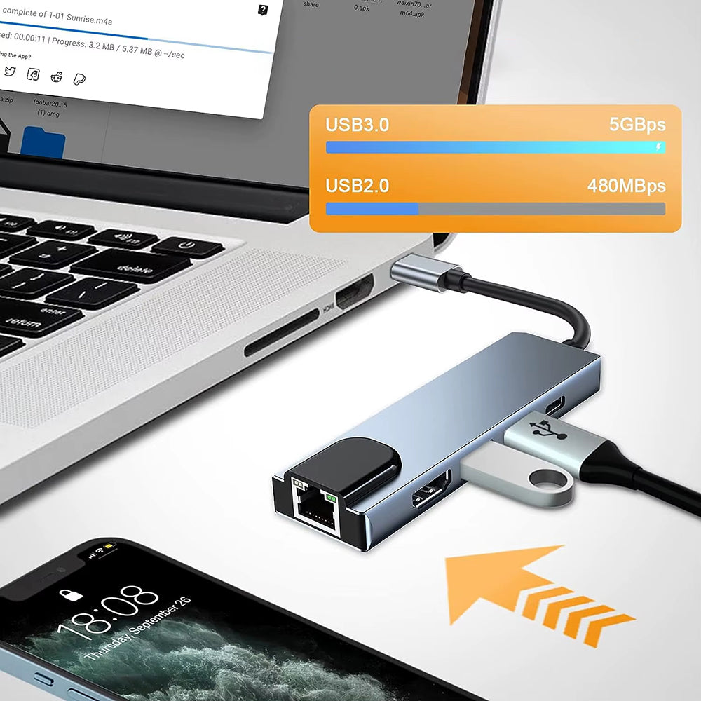 USB-C Techsuit H1 NetBridge, 5in1, Szürke