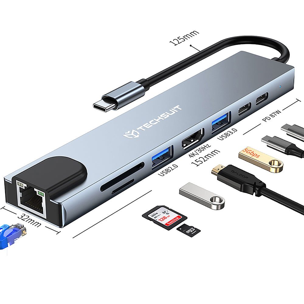 USB-C Techsuit H2 NetBridge Hub, 8in1, Szürke