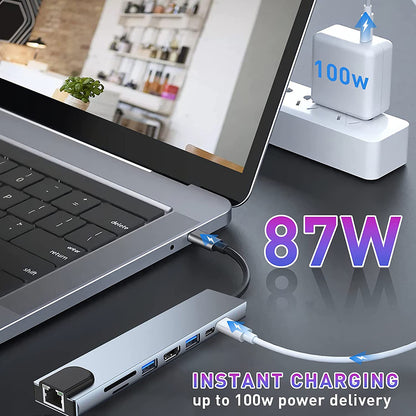 USB-C Techsuit H2 NetBridge Hub, 8in1, Szürke
