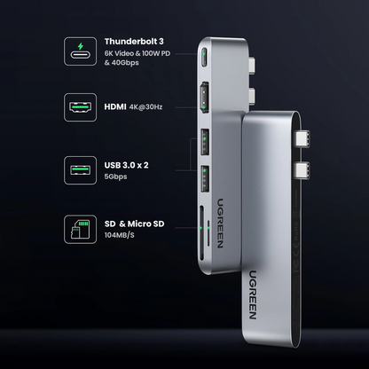 UGREEN CM380 USB-C hub (80856) Apple MacBook Pro / Air sorozathoz, 2 x USB-A 3.0 - 1 x USB-C - 1 x HDMI - 1 x SD - 1 x microSD