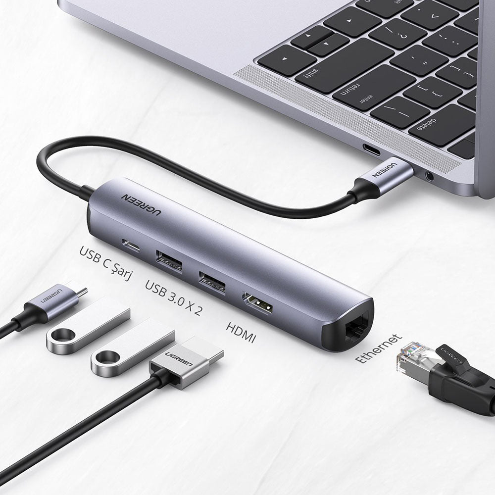 UGREEN CM418 (10919) USB-C hub, 2 x USB-A 3.0 - 1 x USB-C - 1 x HDMI - 1 x RJ45, szürke