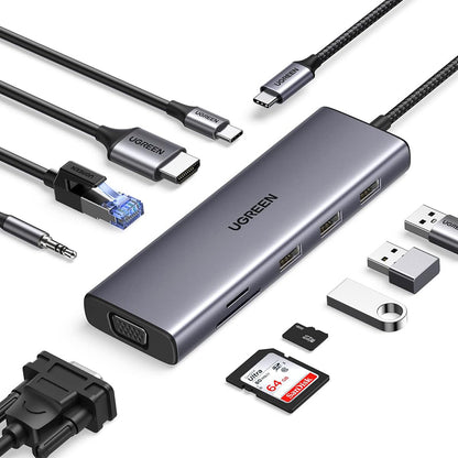 UGREEN CM498 (15601) USB-C hub, 3 x USB-A 3.0 - 1 x USB-C - 1 x HDMI - 1 x VGA - 1 x 3,5 mm-es Jack - 1 x RJ45 - 1 x SD - 1 x microSD, szürke