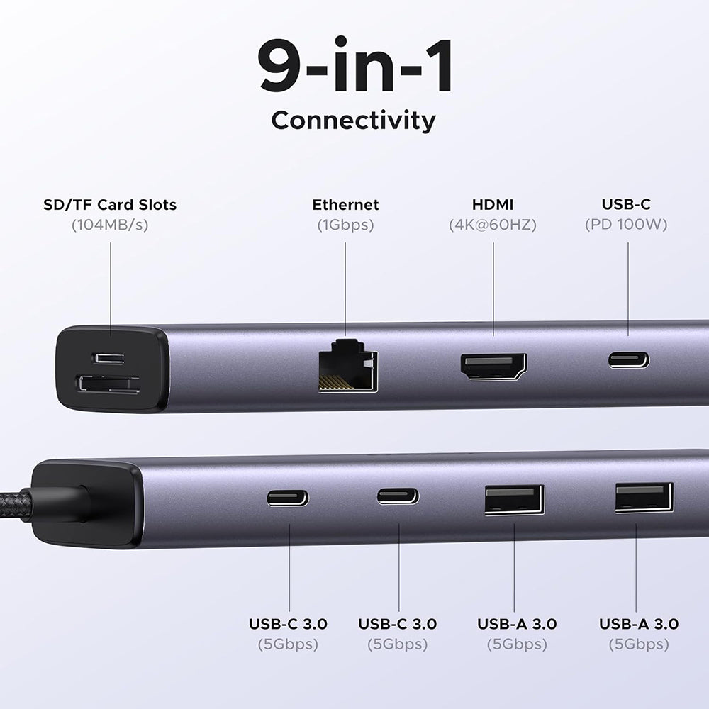 UGREEN CM498 USB-C Hub (15375), 2 x USB-A - 3 x USB-C - 1 x HDMI - 1 x RJ45 - 1 x SD - 1 x microSD, Gray