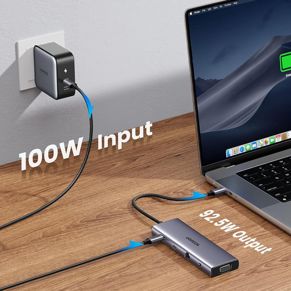 UGREEN CM498 (15601) USB-C hub, 3 x USB-A 3.0 - 1 x USB-C - 1 x HDMI - 1 x VGA - 1 x 3,5 mm-es Jack - 1 x RJ45 - 1 x SD - 1 x microSD, szürke