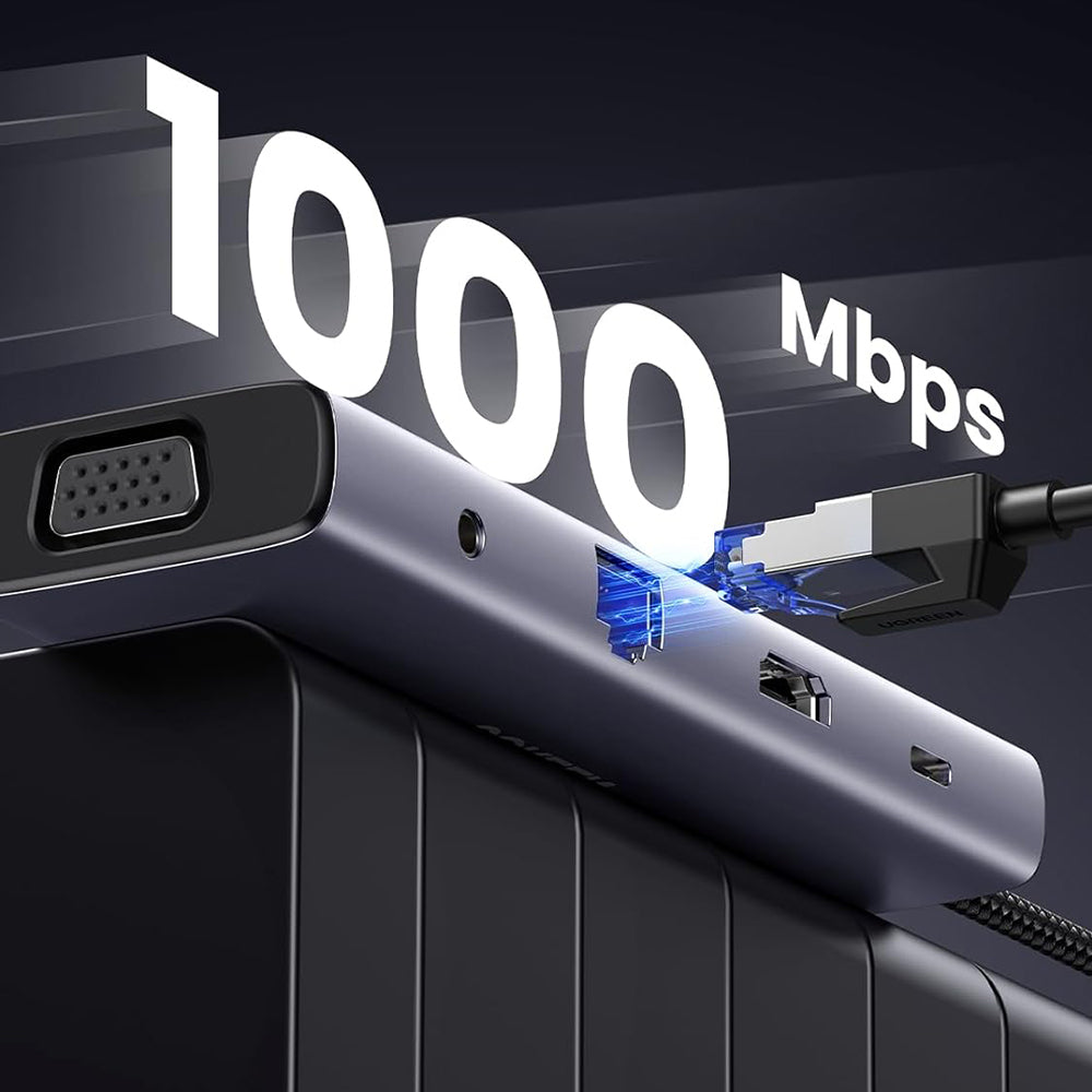 UGREEN CM498 (15601) USB-C hub, 3 x USB-A 3.0 - 1 x USB-C - 1 x HDMI - 1 x VGA - 1 x 3,5 mm-es Jack - 1 x RJ45 - 1 x SD - 1 x microSD, szürke