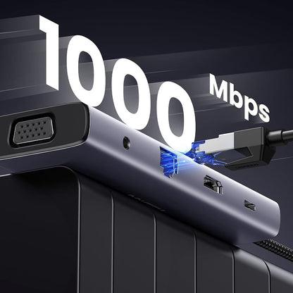 UGREEN CM498 (15601) USB-C hub, 3 x USB-A 3.0 - 1 x USB-C - 1 x HDMI - 1 x VGA - 1 x 3,5 mm-es Jack - 1 x RJ45 - 1 x SD - 1 x microSD, szürke
