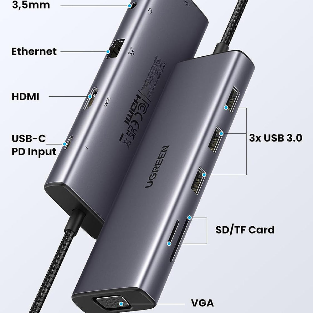 UGREEN CM498 (15601) USB-C hub, 3 x USB-A 3.0 - 1 x USB-C - 1 x HDMI - 1 x VGA - 1 x 3,5 mm-es Jack - 1 x RJ45 - 1 x SD - 1 x microSD, szürke