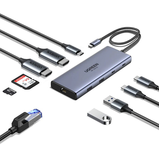 UGREEN CM639 USB-C Hub (45380), 2 x USB-A 3.2 - 3 x USB-C - 2 x HDMI - 1 x RJ45 - 1 x SD - 1 x microSD, Szürke