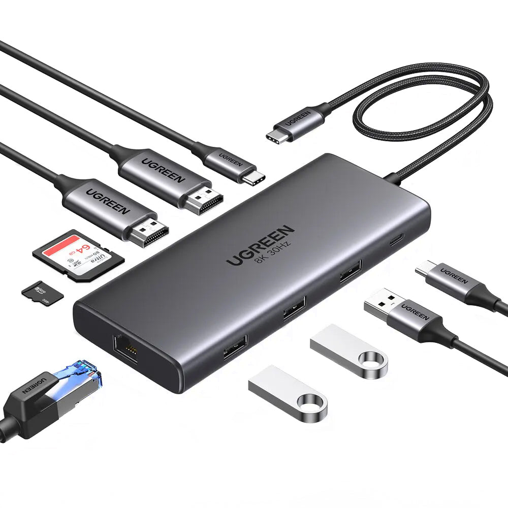 UGREEN Revodok Pro 210 CM639 USB-C hub, 1 x USB-A 3.0 - 2 x USB-A - 2 x USB-C - 2 x HDMI - 1 x RJ45 - 1 x SD - 1 x microSD, szürke