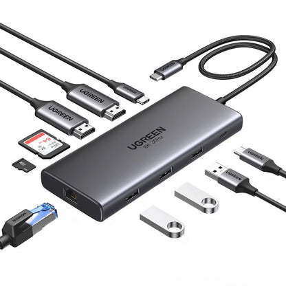 UGREEN Revodok Pro 210 CM639 USB-C hub, 1 x USB-A 3.0 - 2 x USB-A - 2 x USB-C - 2 x HDMI - 1 x RJ45 - 1 x SD - 1 x microSD, szürke