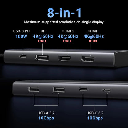 UGREEN Revodok 308 CM639 USB-C hub, 2 x USB-A 3.2 - 3 x USB-C - 1 x Display Port - 2 x HDMI, szürke