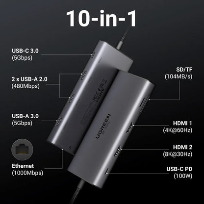 UGREEN Revodok Pro 210 CM639 USB-C hub, 1 x USB-A 3.0 - 2 x USB-A - 2 x USB-C - 2 x HDMI - 1 x RJ45 - 1 x SD - 1 x microSD, szürke