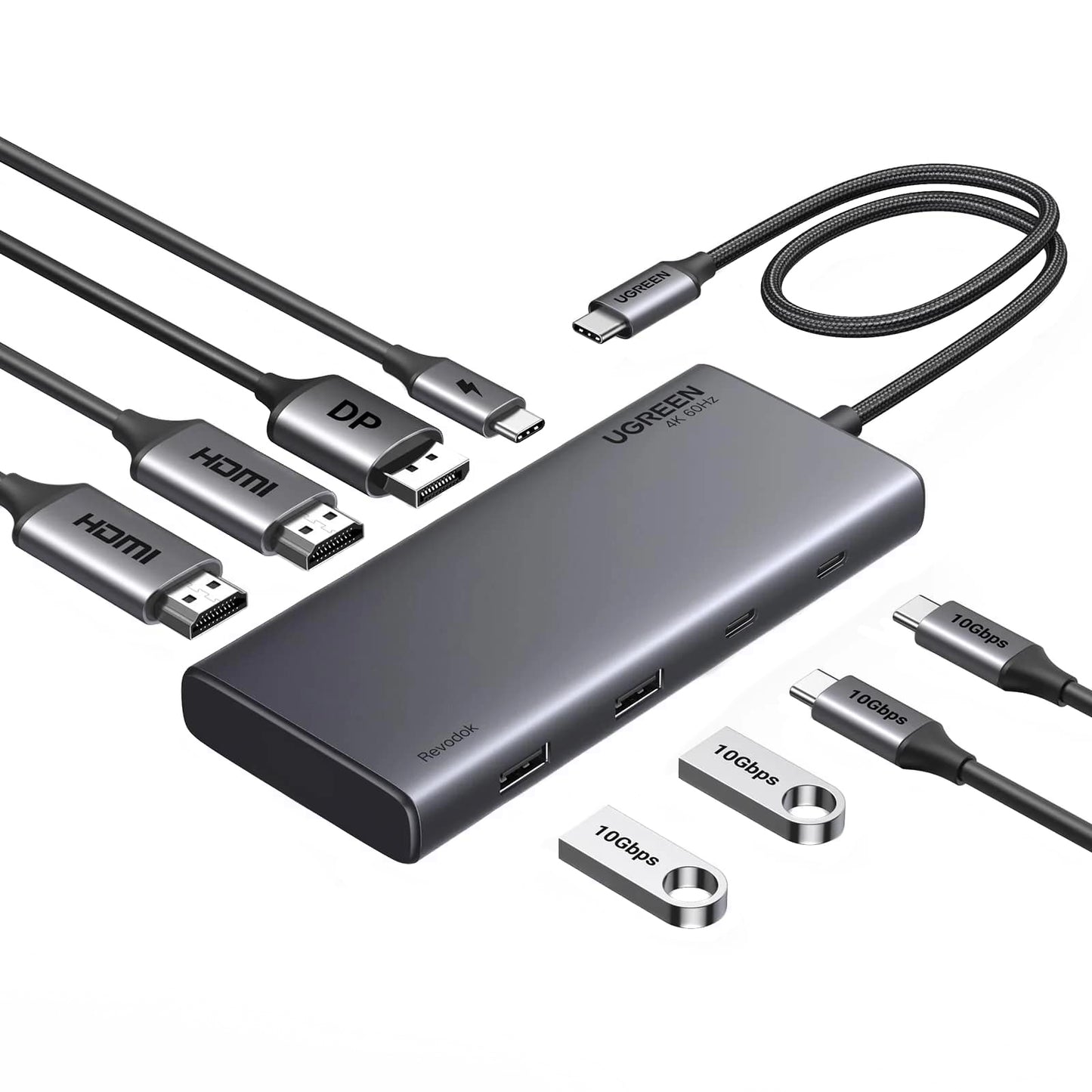 UGREEN Revodok 308 CM639 USB-C hub, 2 x USB-A 3.2 - 3 x USB-C - 1 x Display Port - 2 x HDMI, szürke