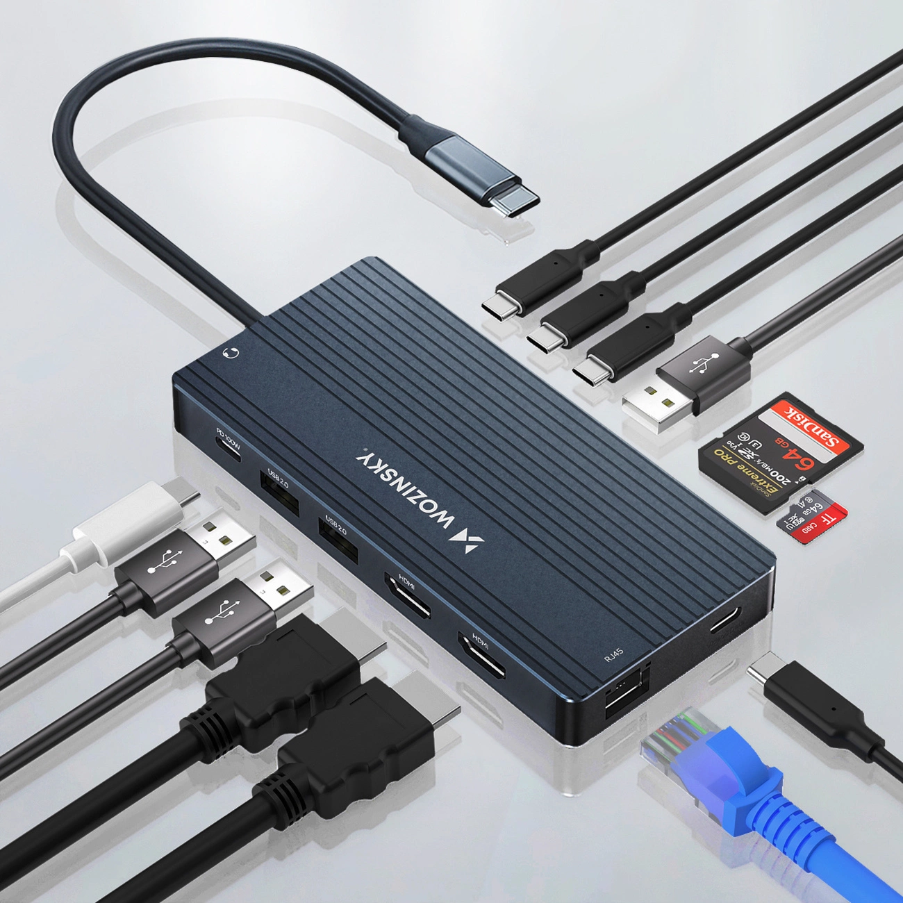 USB-C WZK WDS03Y5S hub, 1 x USB-A 3.1 - 2 x USB-A - 5 x USB-C - 2 x HDMI - 1 x 3,5 mm-es jack - 1 x RJ45 - 1 x SD - 1 x microSD, szürke