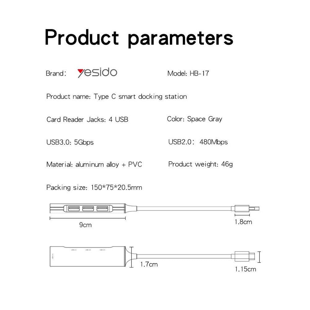 USB-C Yesido HB17 hub, 4 az 1-ben, szürke