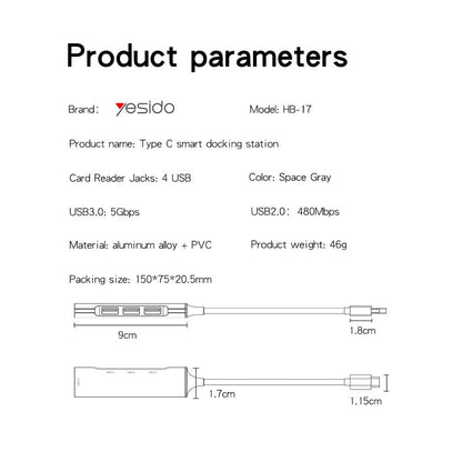USB-C Yesido HB17 hub, 4 az 1-ben, szürke