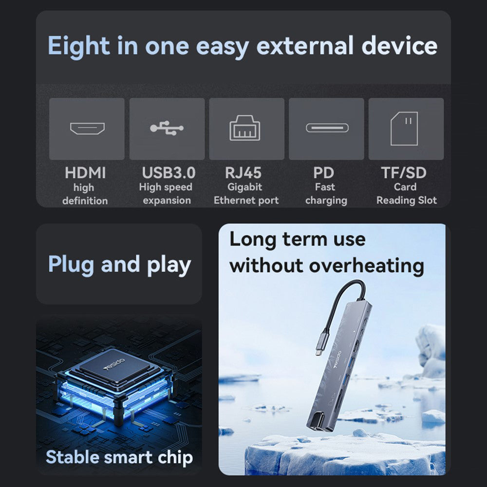USB-C Yesido HB27, 8 az 1-ben, Szürke