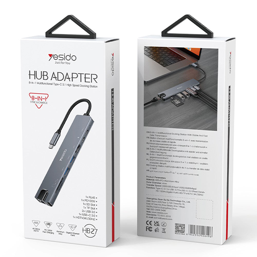 USB-C Yesido HB27, 8 az 1-ben, Szürke