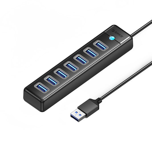 Orico PW7U-U3 USB hub, 7 x USB-A 3.0 - 1 x USB-C, Fekete