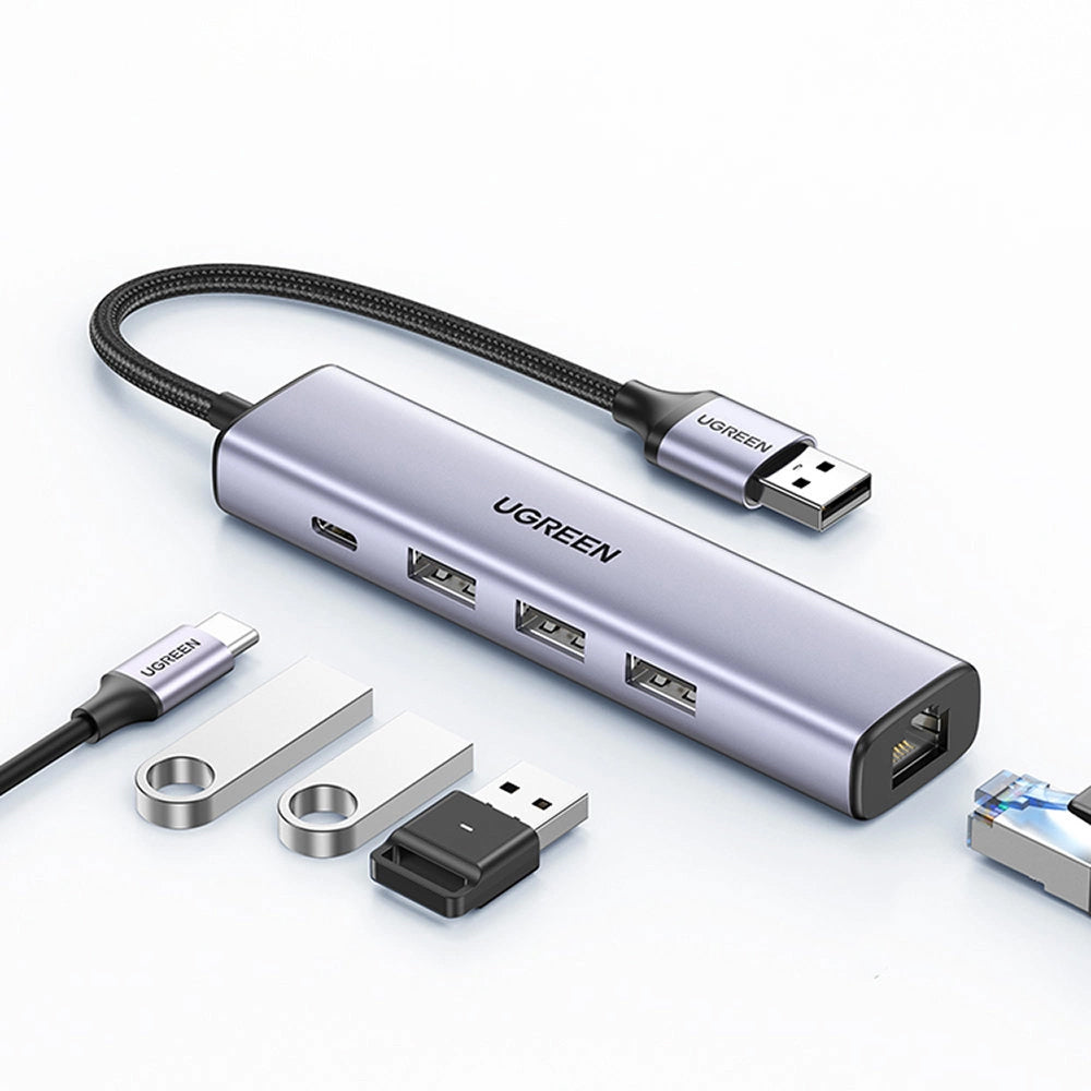 UGREEN CM475 USB Hub, 3 x USB-A 3.0 - 1 x USB-C - 1 x RJ45, Szürke