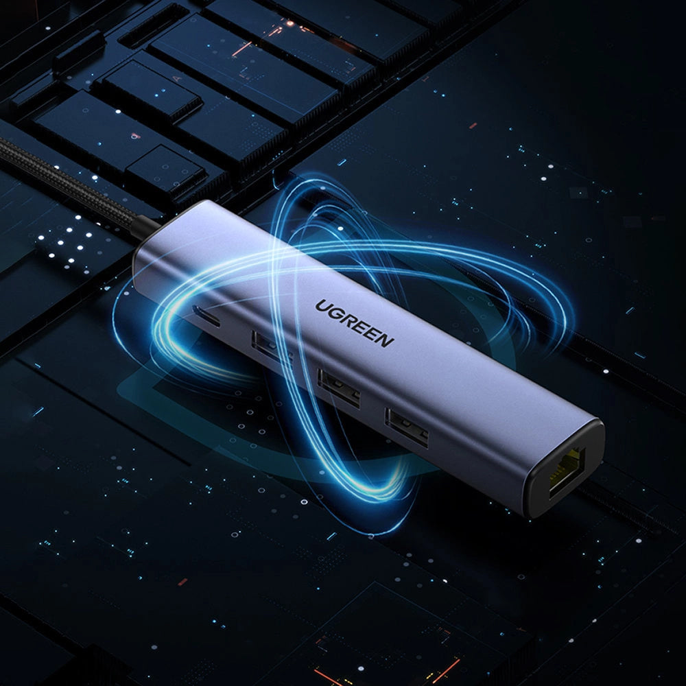 UGREEN CM475 USB Hub, 3 x USB-A 3.0 - 1 x USB-C - 1 x RJ45, Szürke