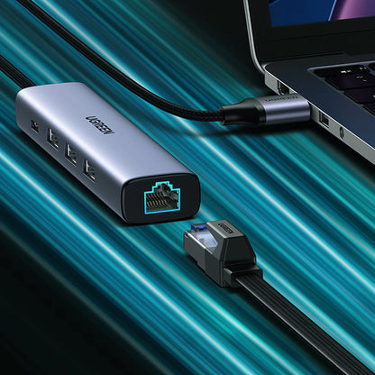 UGREEN CM475 USB Hub, 3 x USB-A 3.0 - 1 x USB-C - 1 x RJ45, Szürke