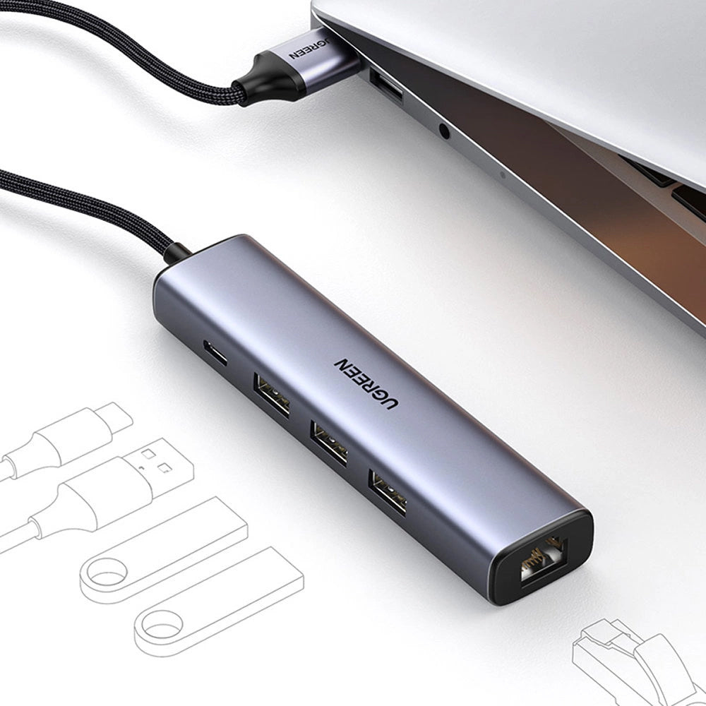 UGREEN CM475 USB Hub, 3 x USB-A 3.0 - 1 x USB-C - 1 x RJ45, Szürke