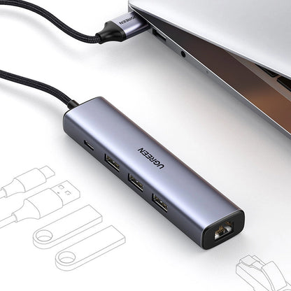 UGREEN CM475 USB Hub, 3 x USB-A 3.0 - 1 x USB-C - 1 x RJ45, Szürke