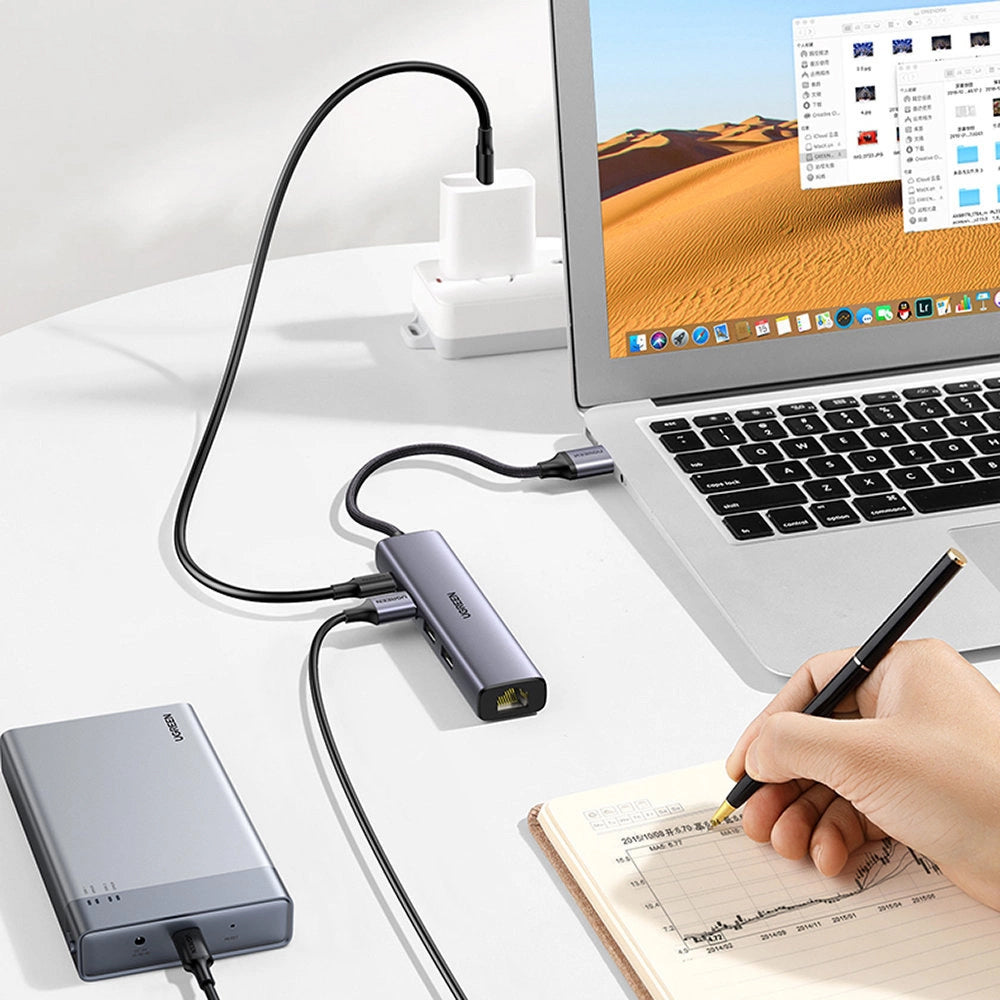 UGREEN CM475 USB Hub, 3 x USB-A 3.0 - 1 x USB-C - 1 x RJ45, Szürke