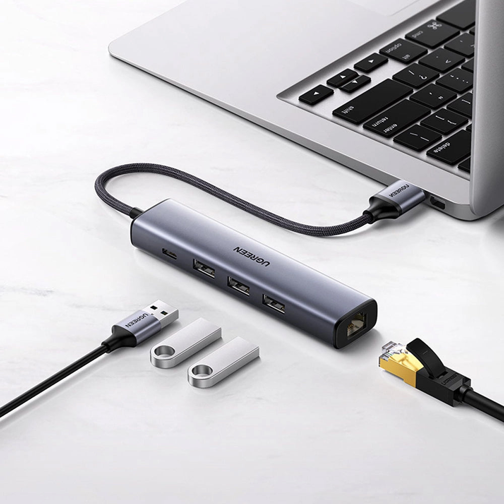 UGREEN CM475 USB Hub, 3 x USB-A 3.0 - 1 x USB-C - 1 x RJ45, Szürke