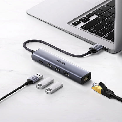 UGREEN CM475 USB Hub, 3 x USB-A 3.0 - 1 x USB-C - 1 x RJ45, Szürke