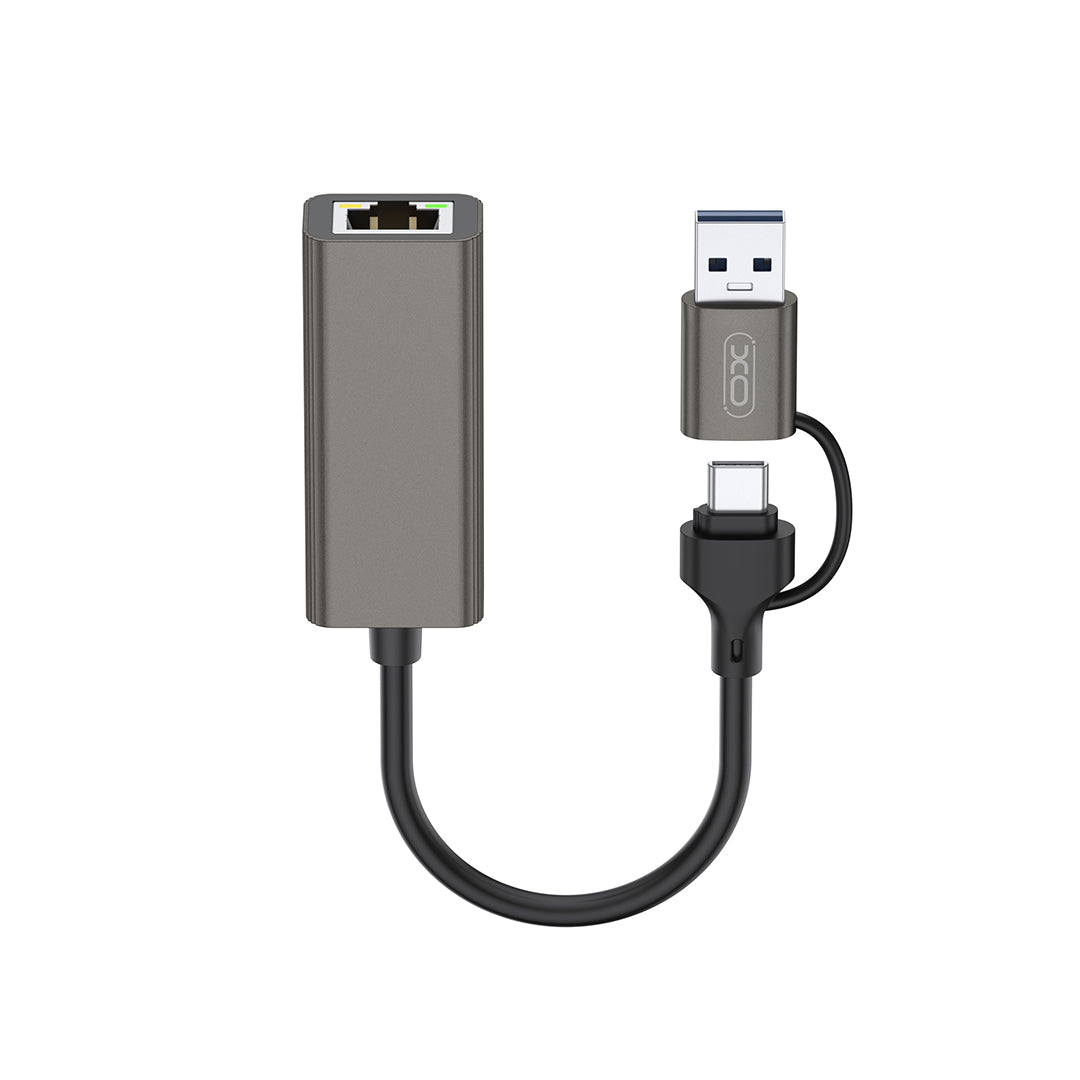 XO Design HUB018 hálózati kártya, RJ45, USB-C / USB, Szürke
