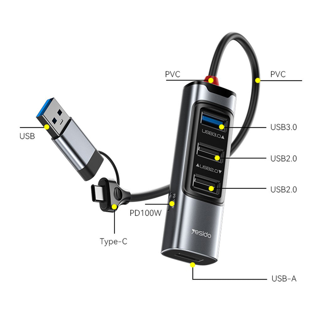 USB / USB-C Yesido HB20, 5 az 1-ben, Szürke