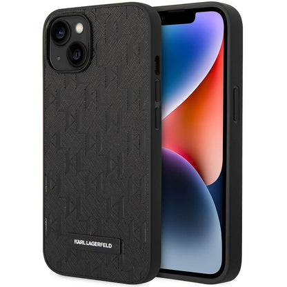Tok Apple iPhone 14 Plus-hoz, Karl Lagerfeld, Saffiano Monogram Fém Logó, Fekete