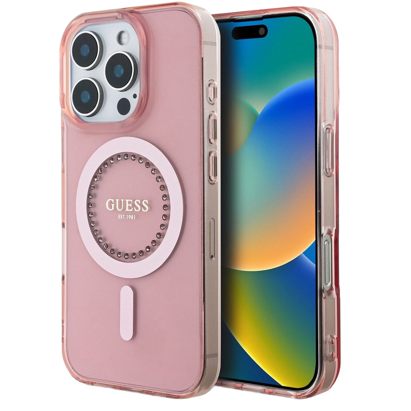 MagSafe tok Apple iPhone 16 Pro Max-hoz, Guess, IML Rhinestones Ring, Rózsaszín GUHMP16XPFTDTEP