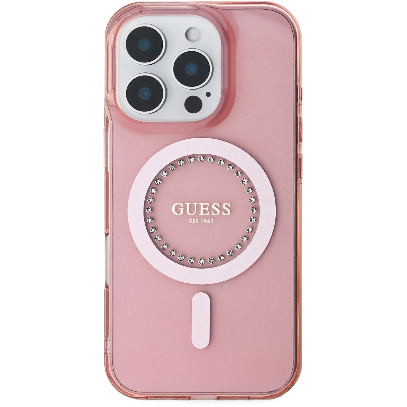 MagSafe tok Apple iPhone 16 Pro Max-hoz, Guess, IML Rhinestones Ring, Rózsaszín GUHMP16XPFTDTEP