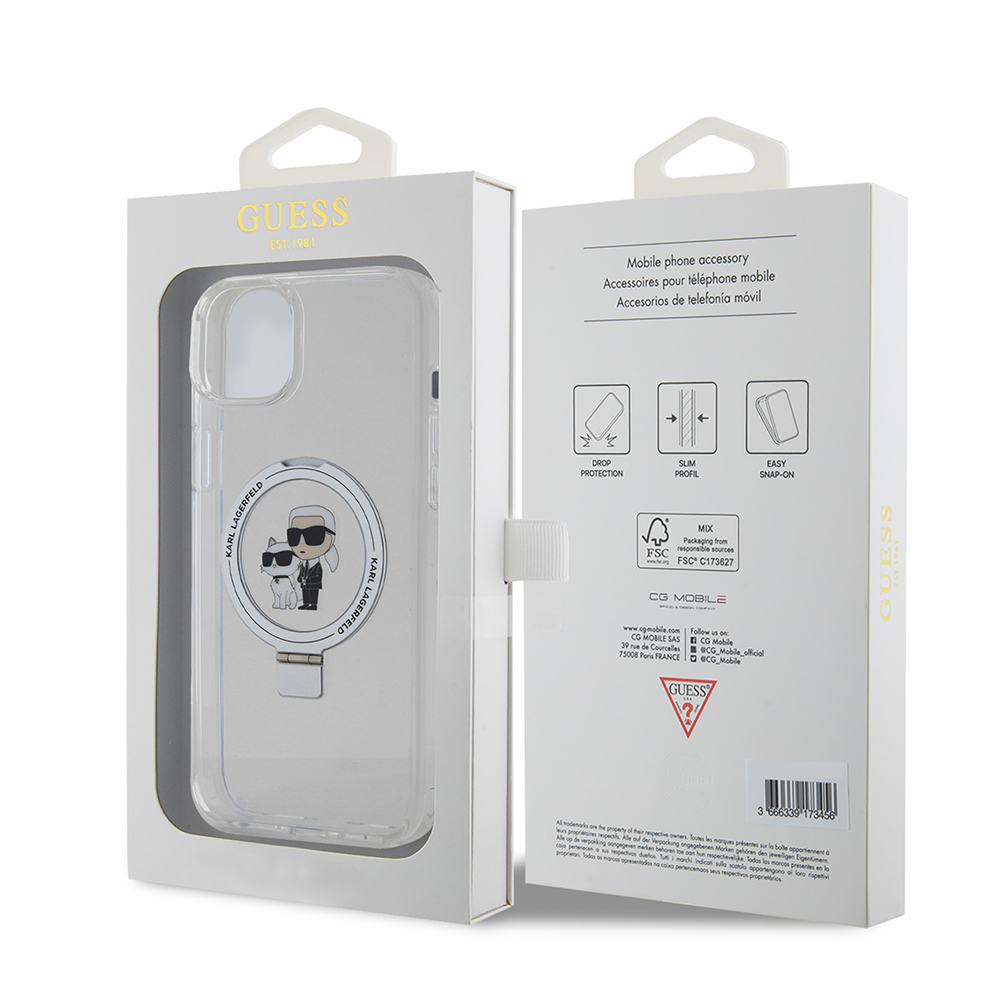 MagSafe tok Apple iPhone 15 Plus-hoz, Karl Lagerfeld, Ringstand Karl és Choupette, Fehér, Újrazárva
