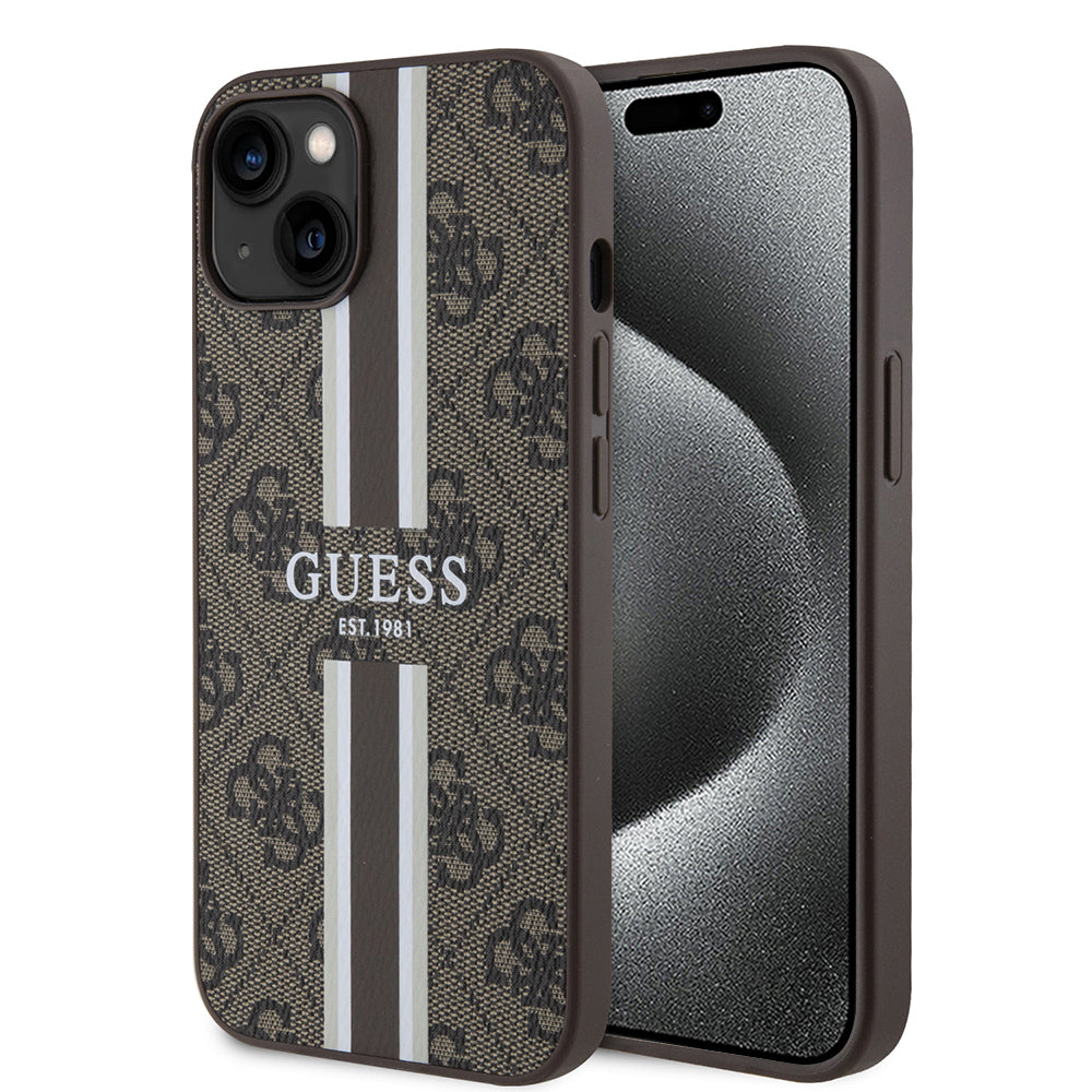 MagSafe tok Apple iPhone 15-höz, Guess, 4G Printed Stripes, Barna
