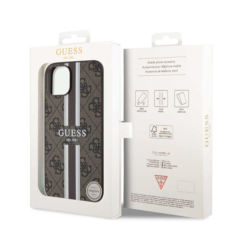 MagSafe tok Apple iPhone 15-höz, Guess, 4G Printed Stripes, Barna