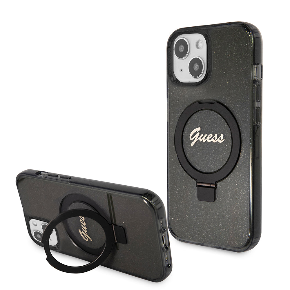MagSafe tok Apple iPhone 15-höz, Guess, Ring Stand Script Glitter, Fekete
