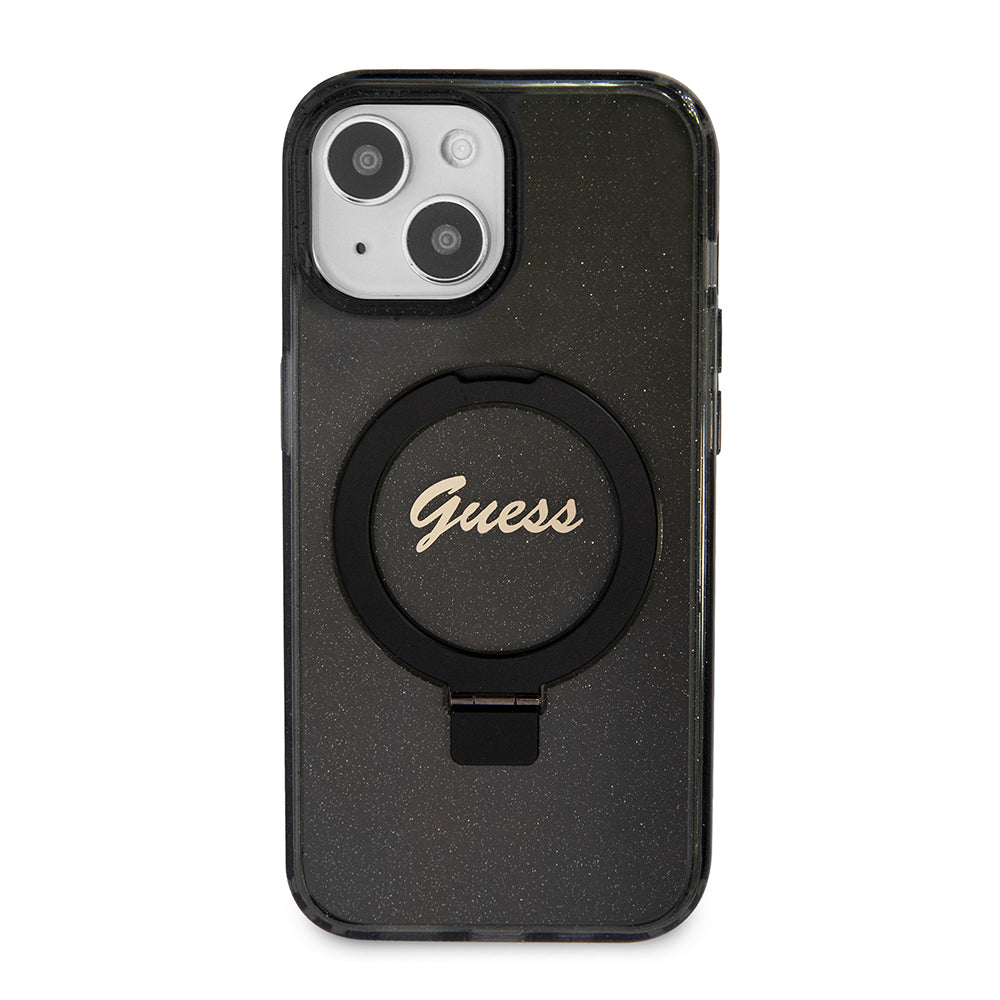 MagSafe tok Apple iPhone 15-höz, Guess, Ring Stand Script Glitter, Fekete