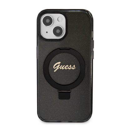 MagSafe tok Apple iPhone 15-höz, Guess, Ring Stand Script Glitter, Fekete