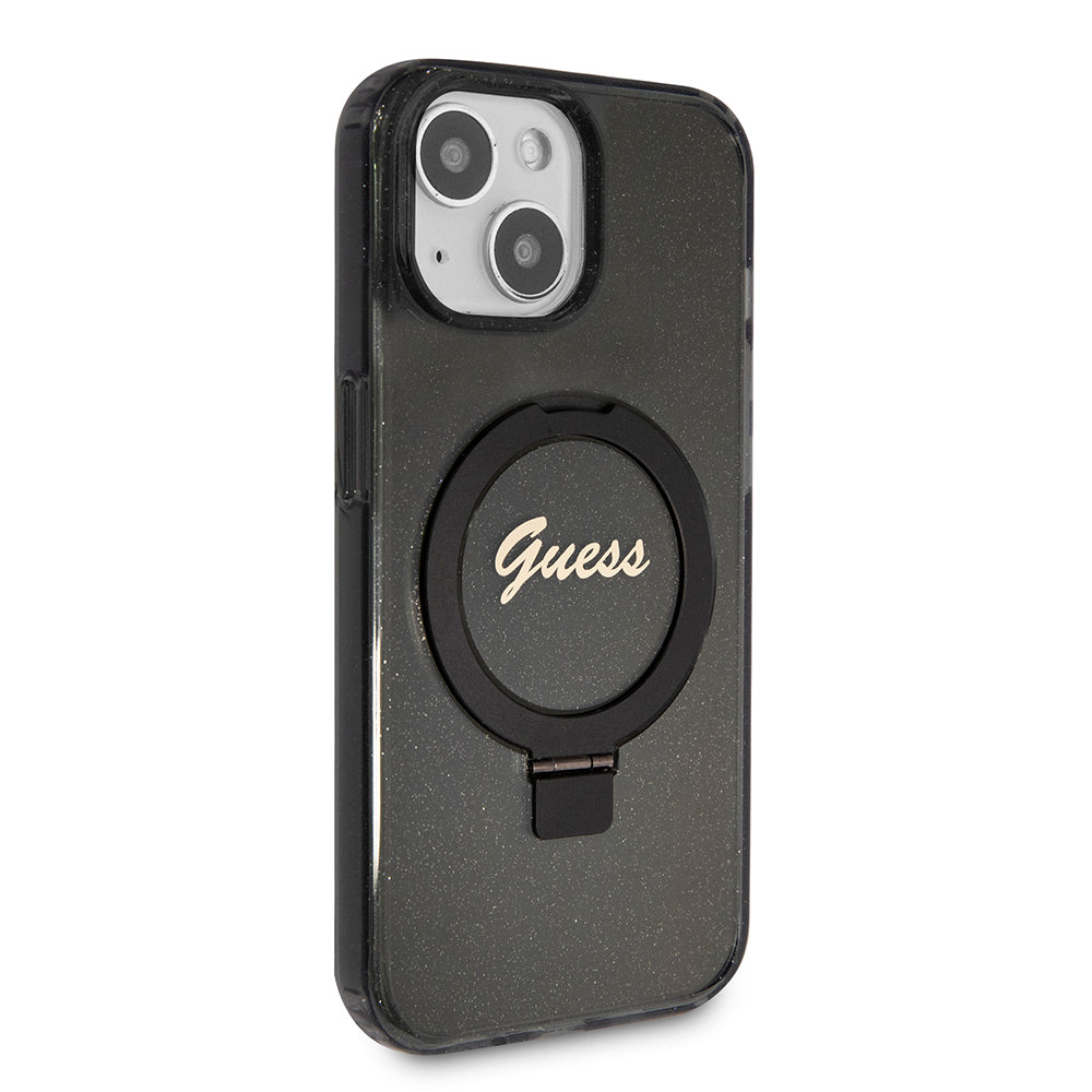 MagSafe tok Apple iPhone 15-höz, Guess, Ring Stand Script Glitter, Fekete