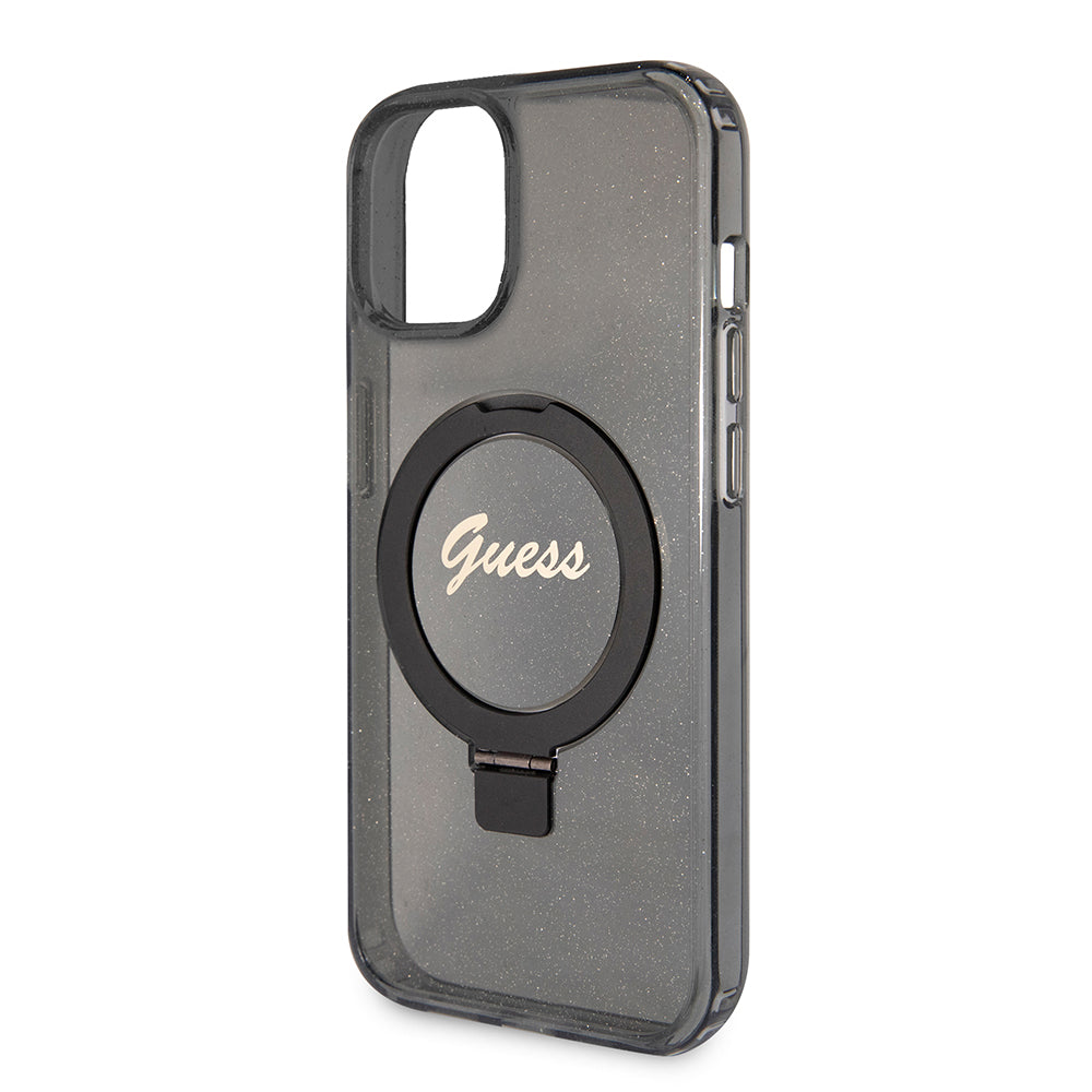MagSafe tok Apple iPhone 15-höz, Guess, Ring Stand Script Glitter, Fekete