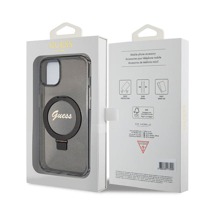 MagSafe tok Apple iPhone 15-höz, Guess, Ring Stand Script Glitter, Fekete