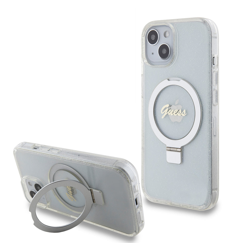 MagSafe Case for Apple iPhone 15, Guess, Ring Stand Script Glitter, Transparent