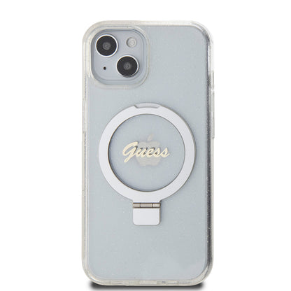 MagSafe Case for Apple iPhone 15, Guess, Ring Stand Script Glitter, Transparent