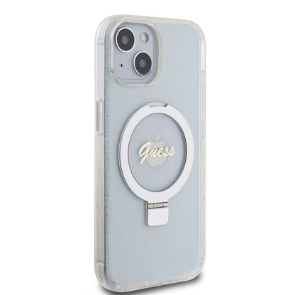 MagSafe Case for Apple iPhone 15, Guess, Ring Stand Script Glitter, Transparent
