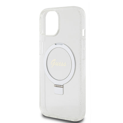 MagSafe Case for Apple iPhone 15, Guess, Ring Stand Script Glitter, Transparent