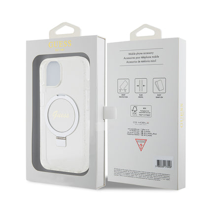 MagSafe Case for Apple iPhone 15, Guess, Ring Stand Script Glitter, Transparent
